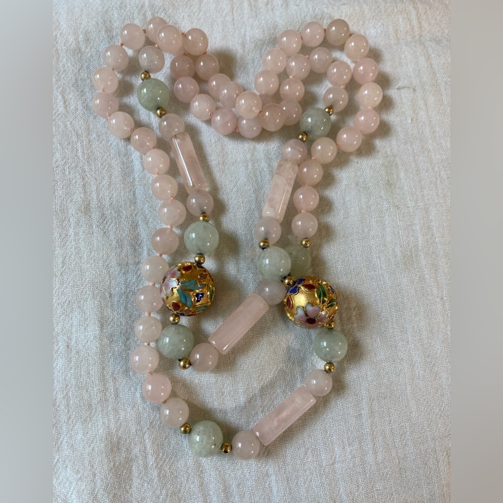 Vintage Pink Rose Quartz Green Jade and Cloisenne Beaded Necklace